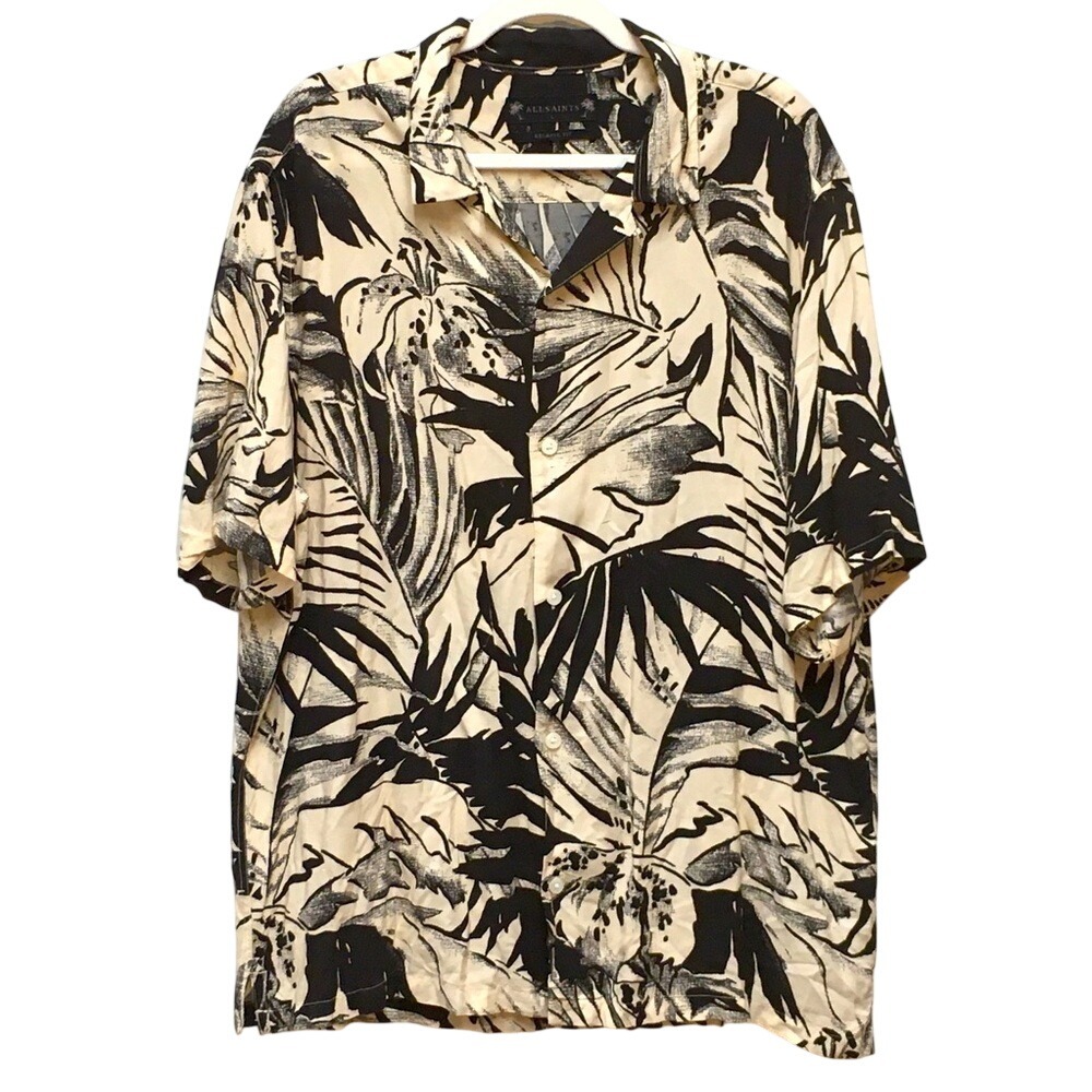 AllSaints Tropical Floral Relaxed Shirt Large Cream Black Hawaiian Summer Light